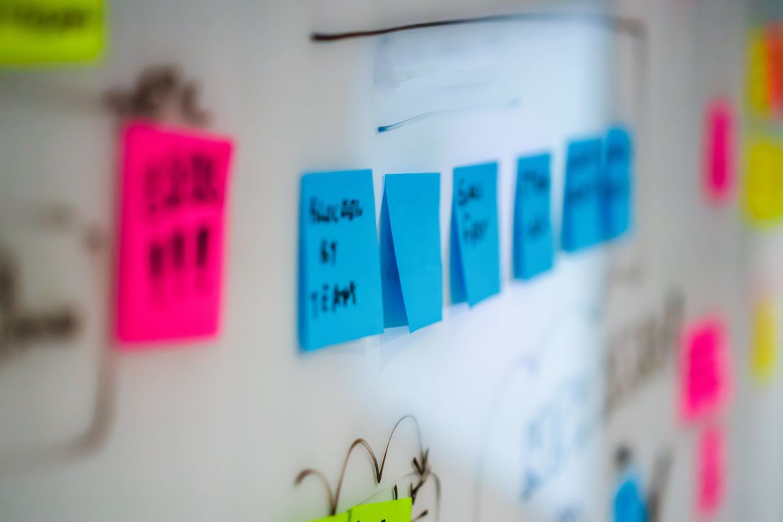Sticky notes arranged on a whiteboard during a creative brainstorming session.