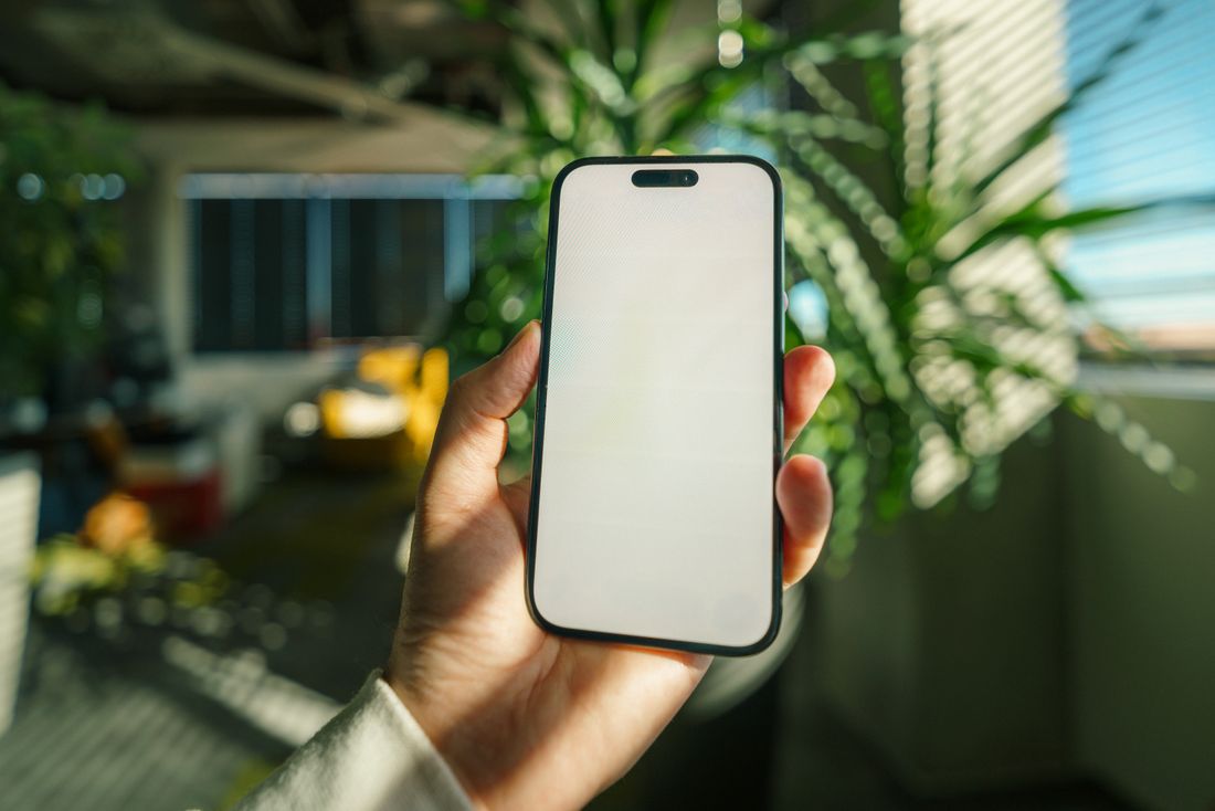 A hand holding a smartphone with a blank screen indoors near a plant