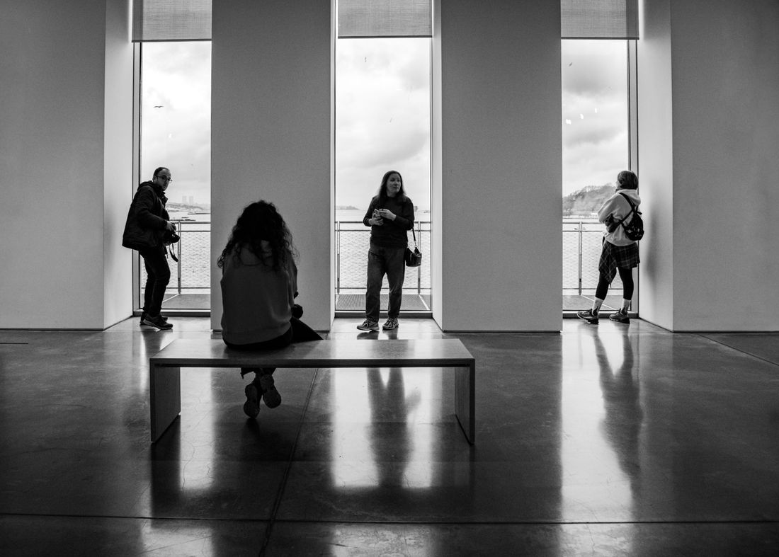 Four visitors seen from behind in a bright gallery room, standing apart near tall windows overlooking the water