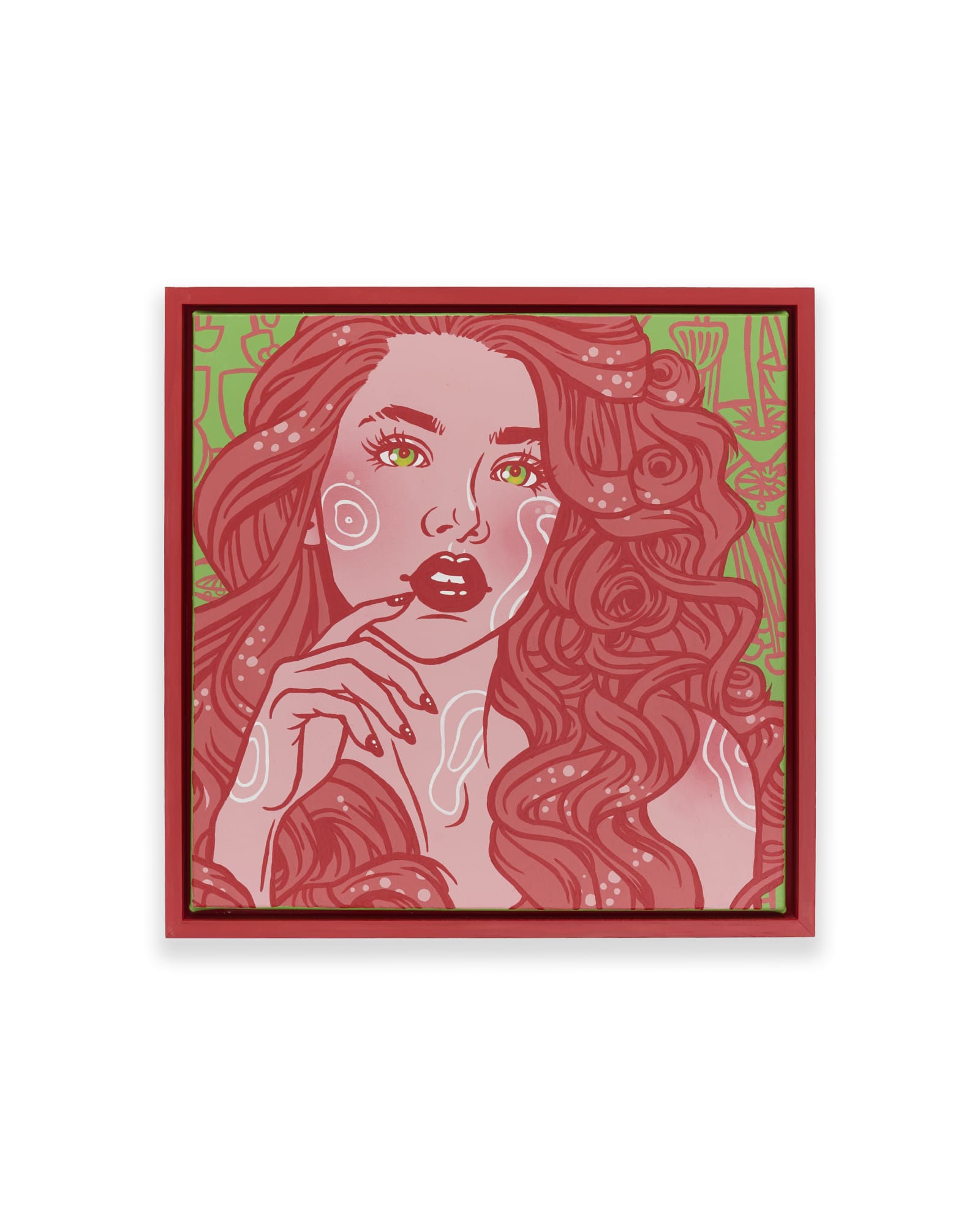 Framed pop-art portrait painting in pink and red, photographed square with clean edges as a single full-view submission image