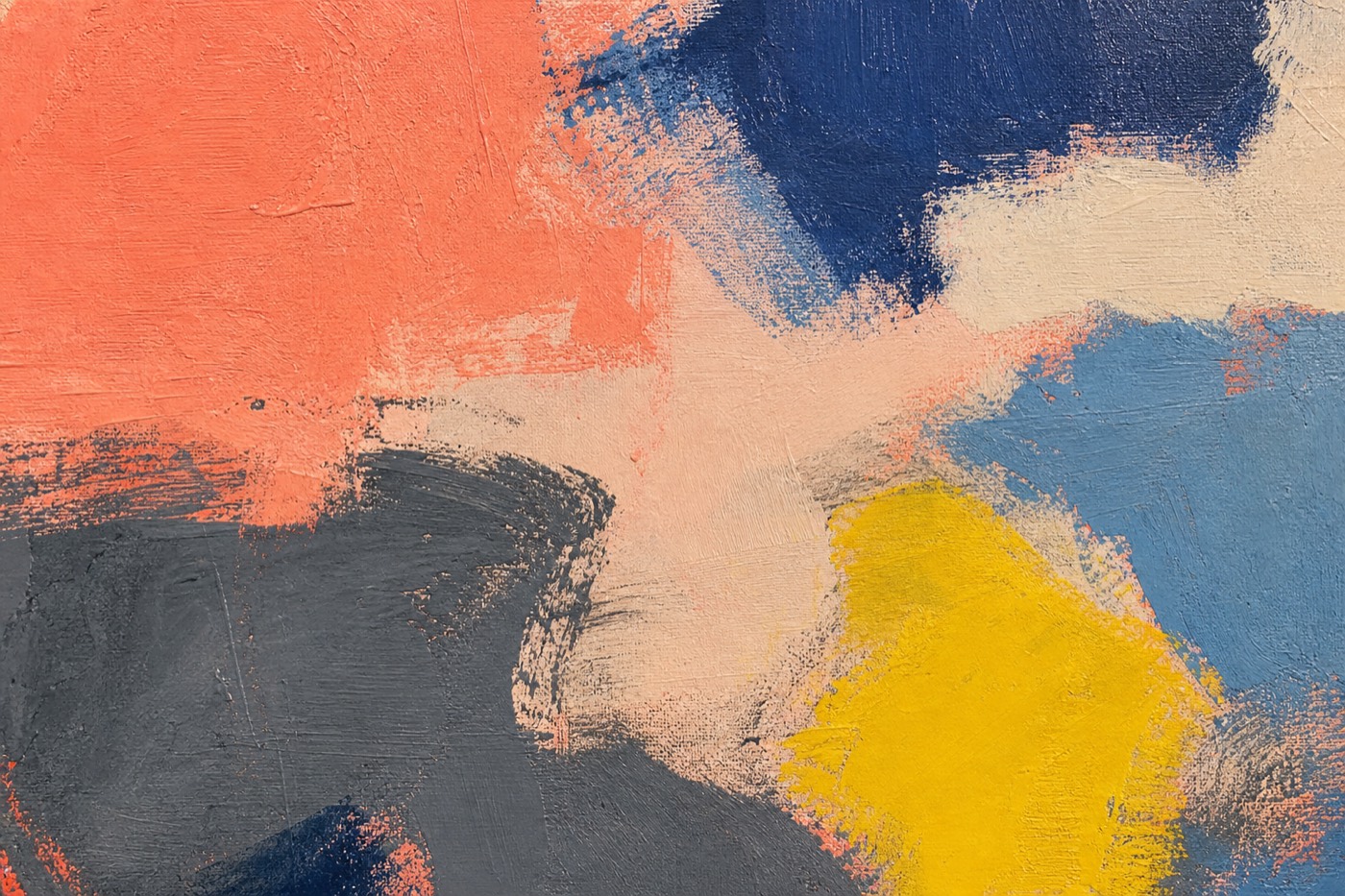 Contemporary artwork detail with coral, blue, cream, charcoal, and yellow painted passages