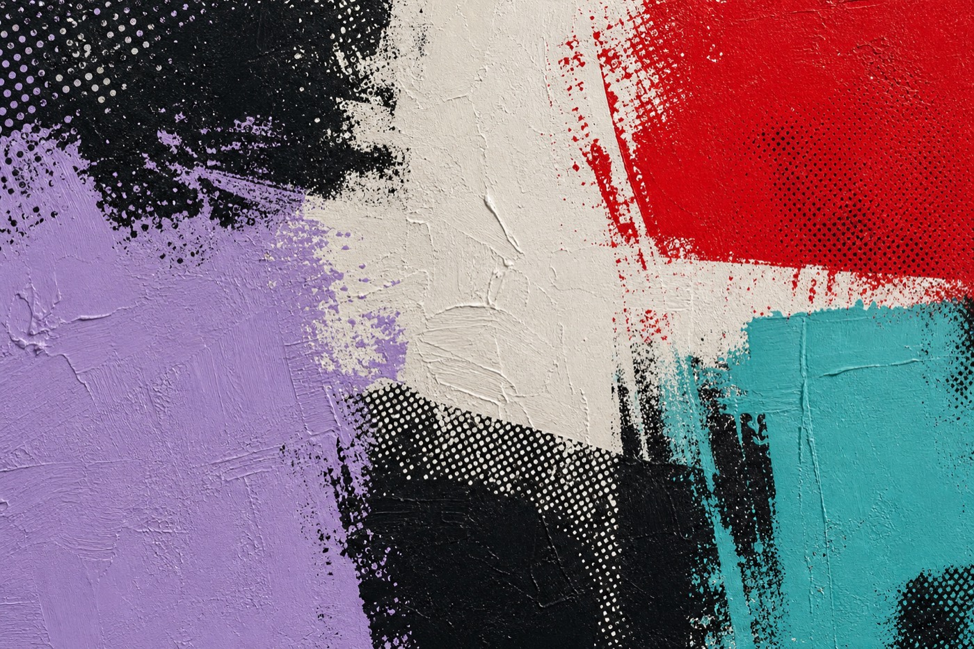 Pop art artwork detail with lavender, red, turquoise, black, and white painted and halftone-like marks