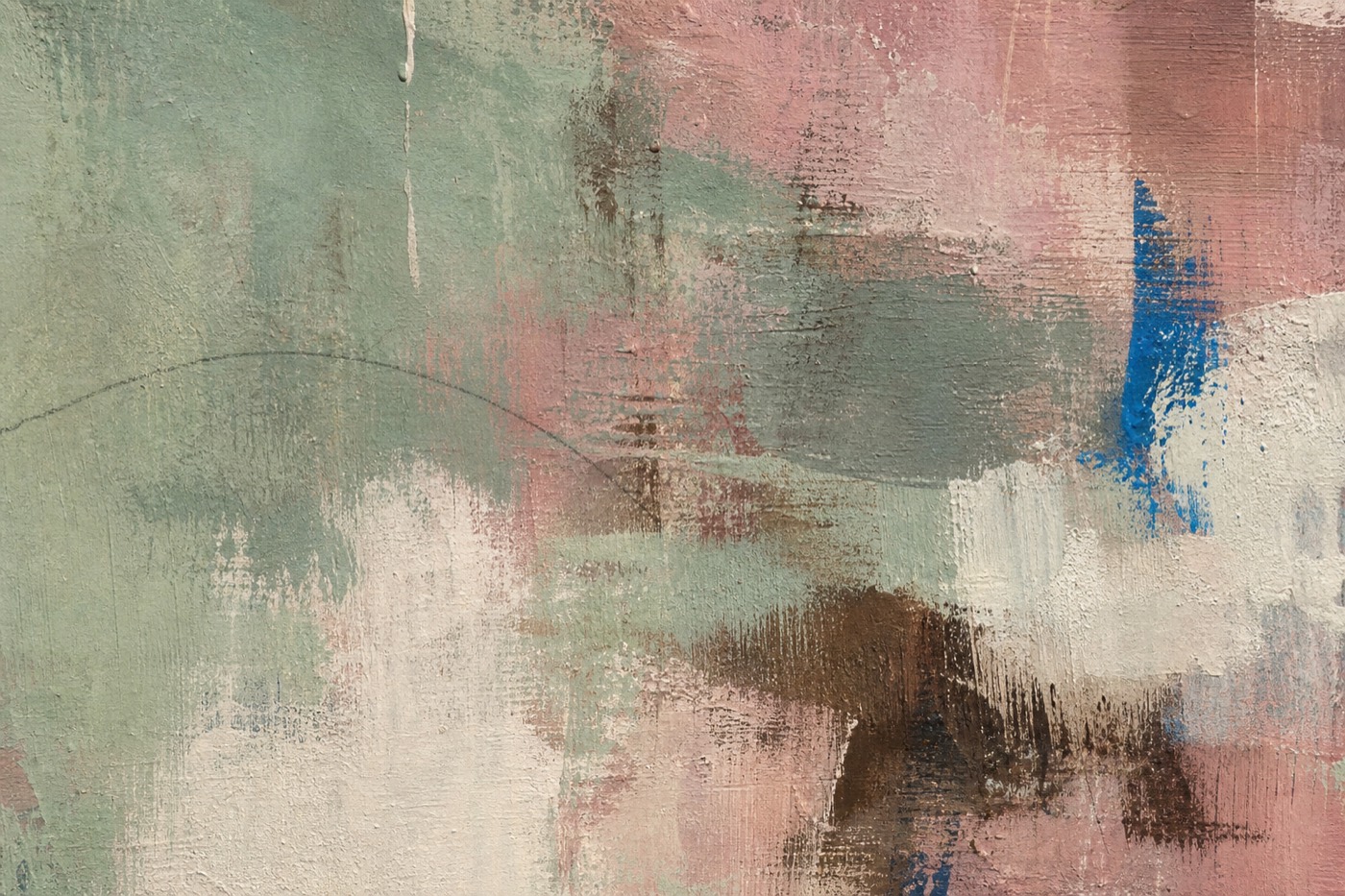 Contemporary artwork detail with mineral green, dusty rose, cream, brown, and blue painted layers