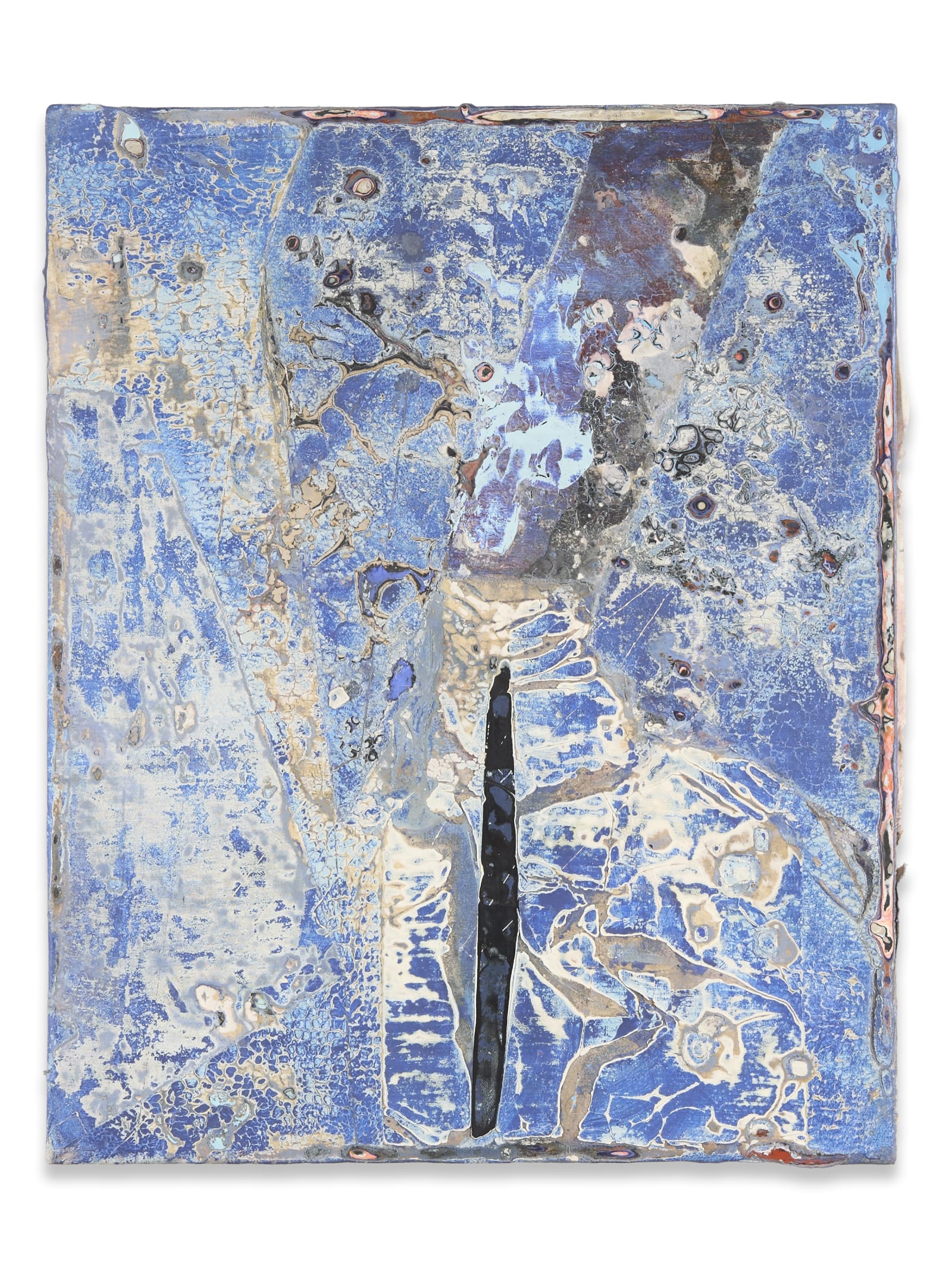 Close detail of a blue crackled textured abstract painting surface