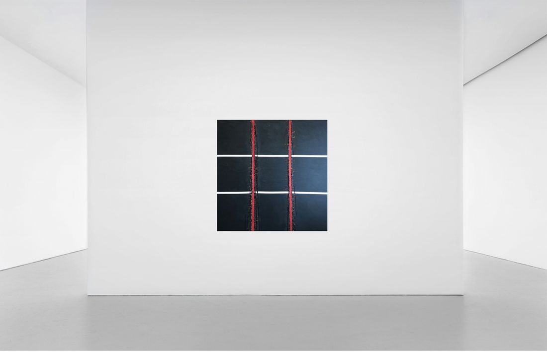 A minimalist gallery room with a single framed artwork on a white wall and no visitors present