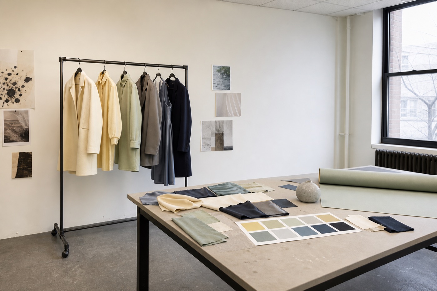 Modern shoot preparation room with coordinated clothing, fabric samples, color cards, and set materials