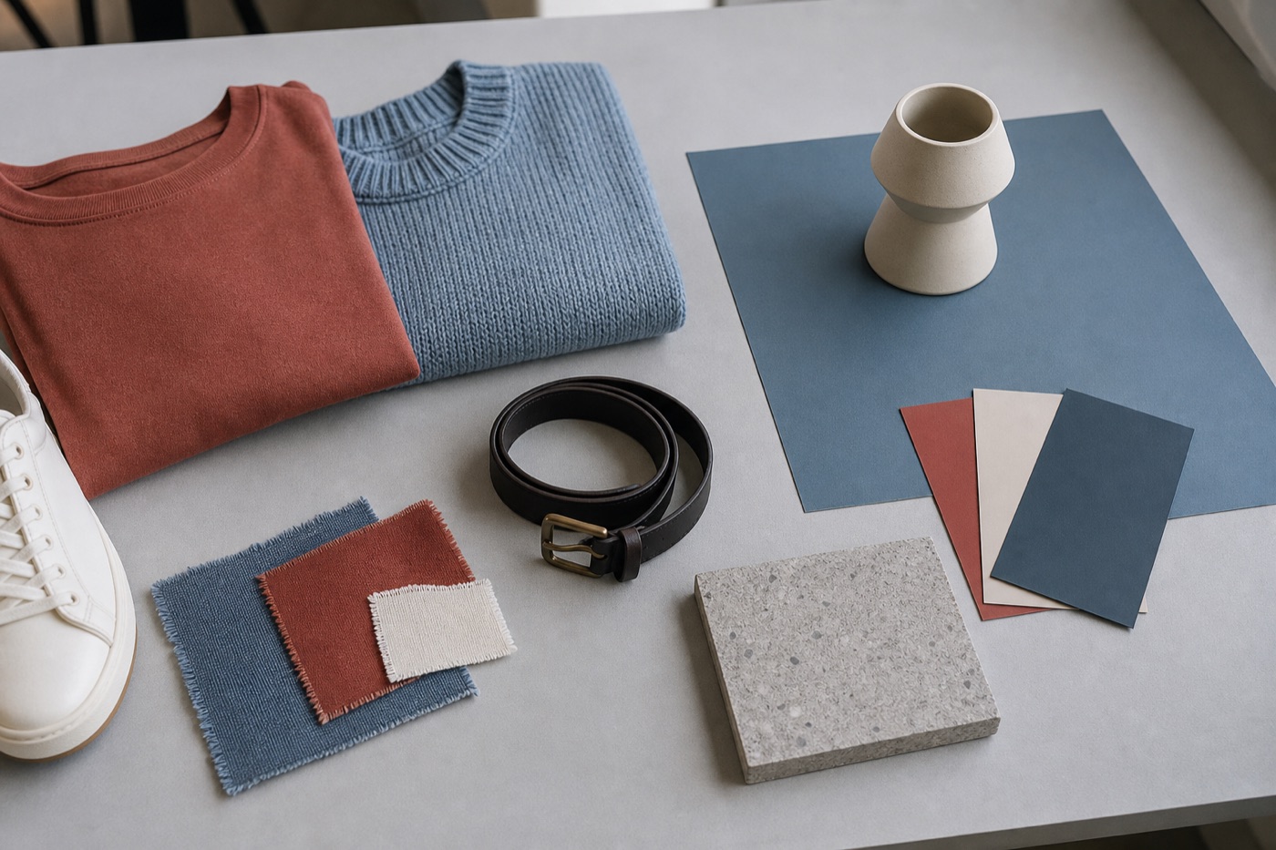 Coordinated garments, fabric samples, belt, shoe, color cards, and a ceramic prop arranged on a gray worktable