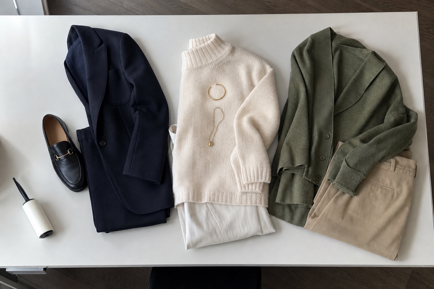 Three coordinated branding wardrobe combinations arranged with dark tailoring, cream knitwear, green layers, shoes, and simple accessories