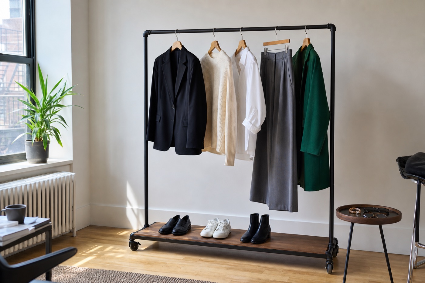 Edited rack of five coordinated branding photoshoot outfits in a contemporary New York room