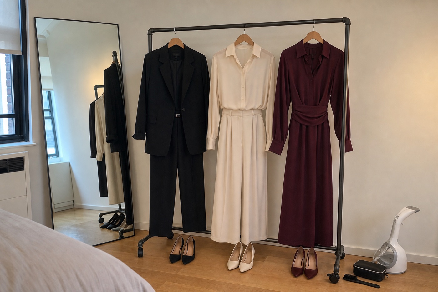 Three complete branding photoshoot outfits in black, cream, and burgundy prepared on a rack with matching shoes in a contemporary room