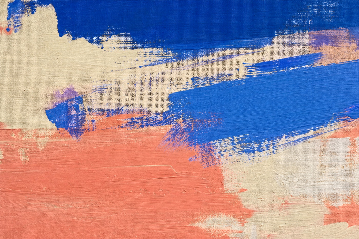 Artwork detail with layered blue, coral, and cream paint showing visible brushwork and canvas texture