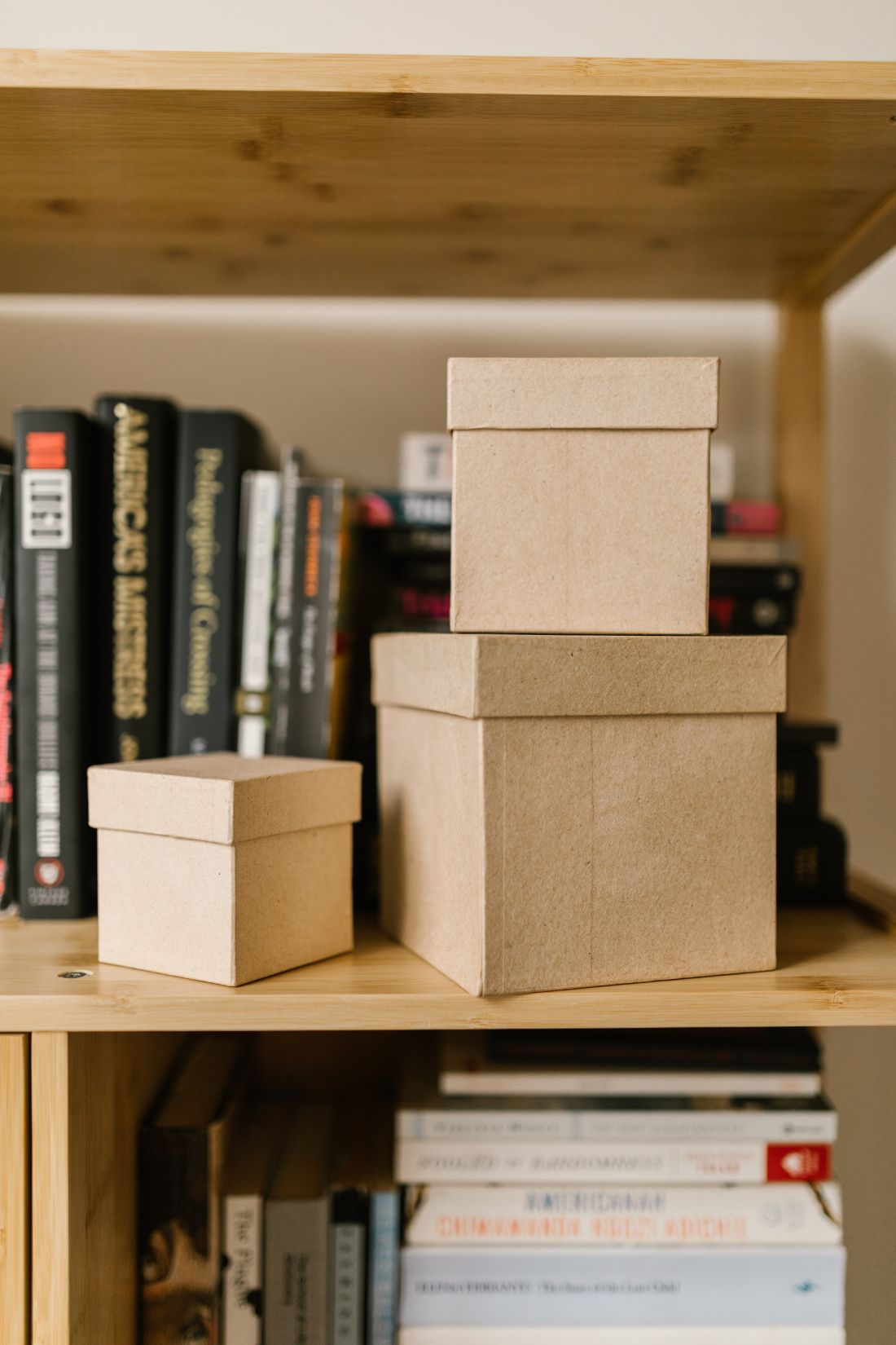 Labeled storage boxes and books organized on a wooden office shelf