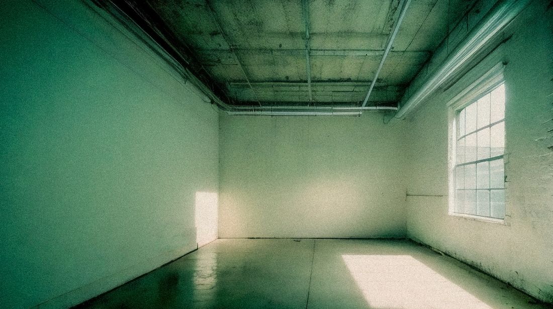 A large, empty institutional room with concrete walls and a bare exposed ceiling, no furniture or people present