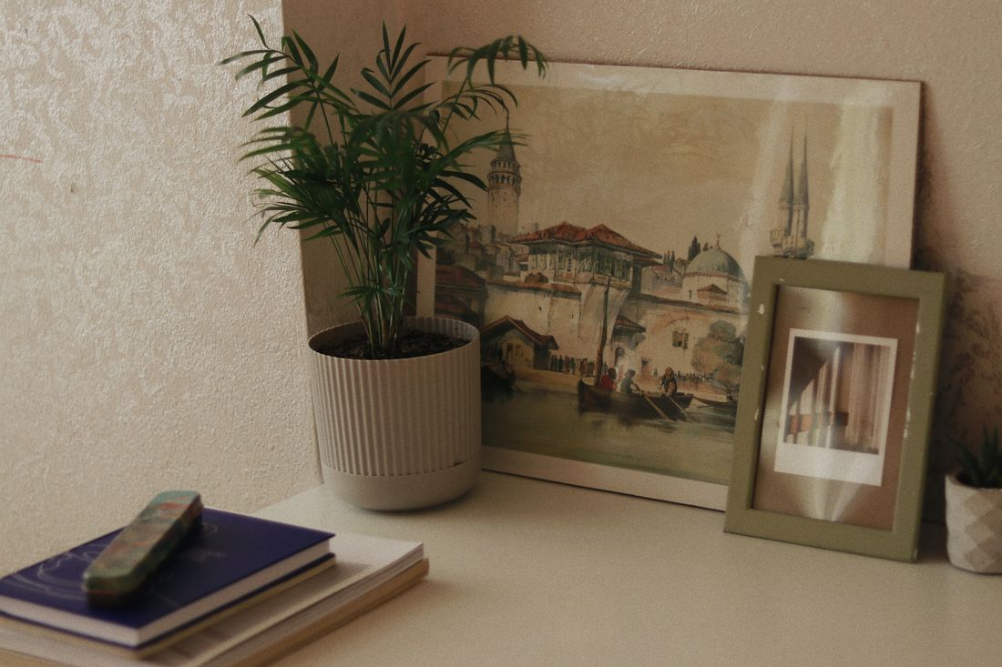 A framed painting leaning against a wall next to a potted plant on a tabletop, softly lit
