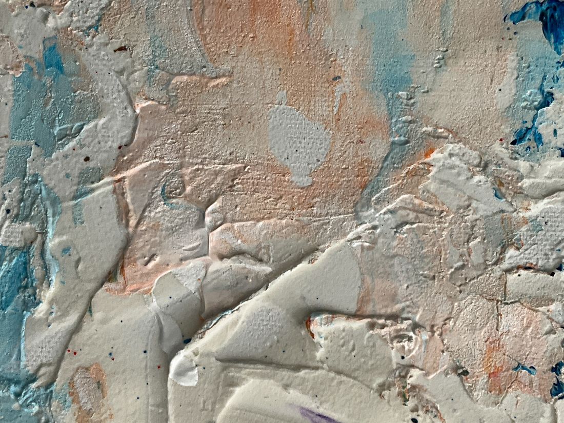 Macro detail of thickly layered paint on a canvas surface, raking light catching the texture and ridges