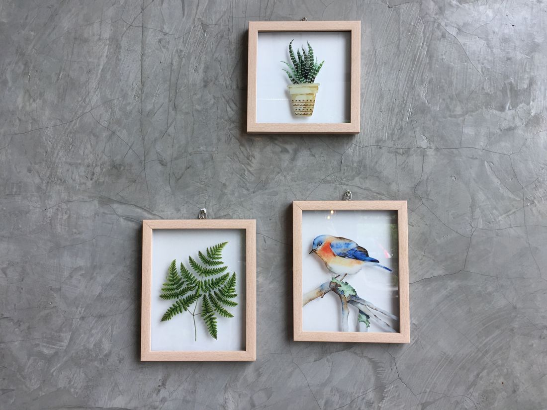 Three small framed pieces, a potted succulent illustration, a pressed fern, and a bird watercolor, hanging on a plain textured wall