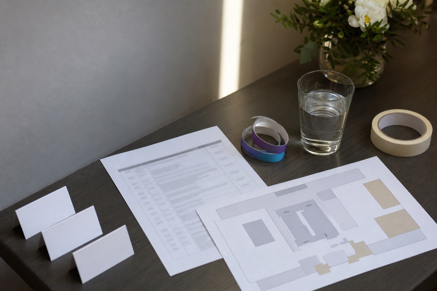 Pre-event planning table with blank place cards, an unreadable schedule, wristbands, tape, water, flowers, and an abstract floor plan
