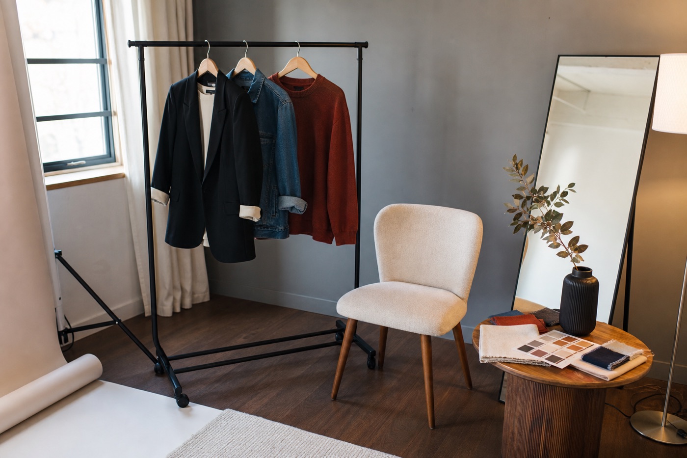 Creative headshot studio plan with three coordinated wardrobe options, a portrait chair, paper backdrop, mirror, and color samples