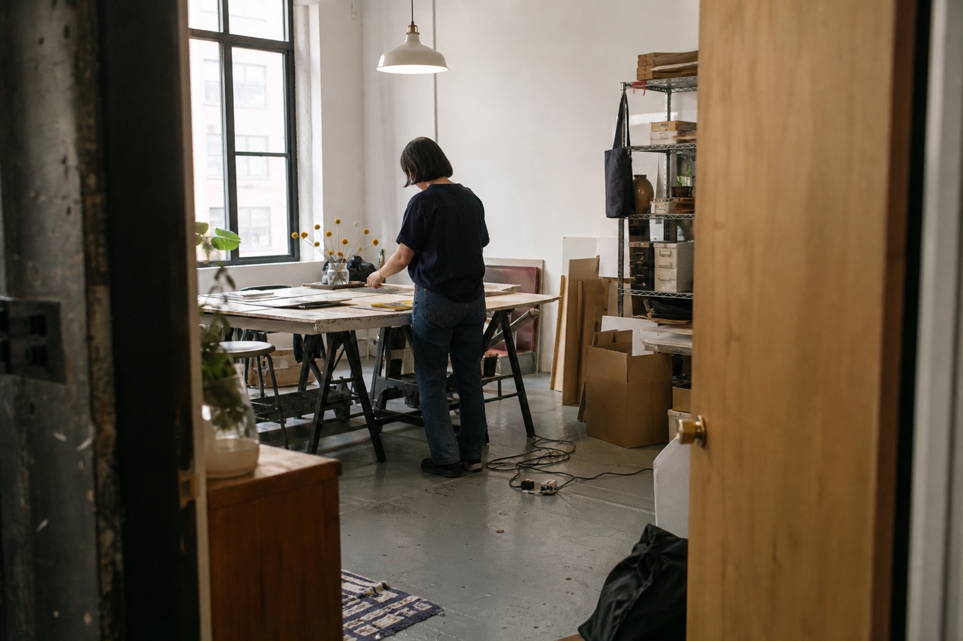 Wide work-context portrait of an unidentified creative arranging materials in a compact contemporary workspace