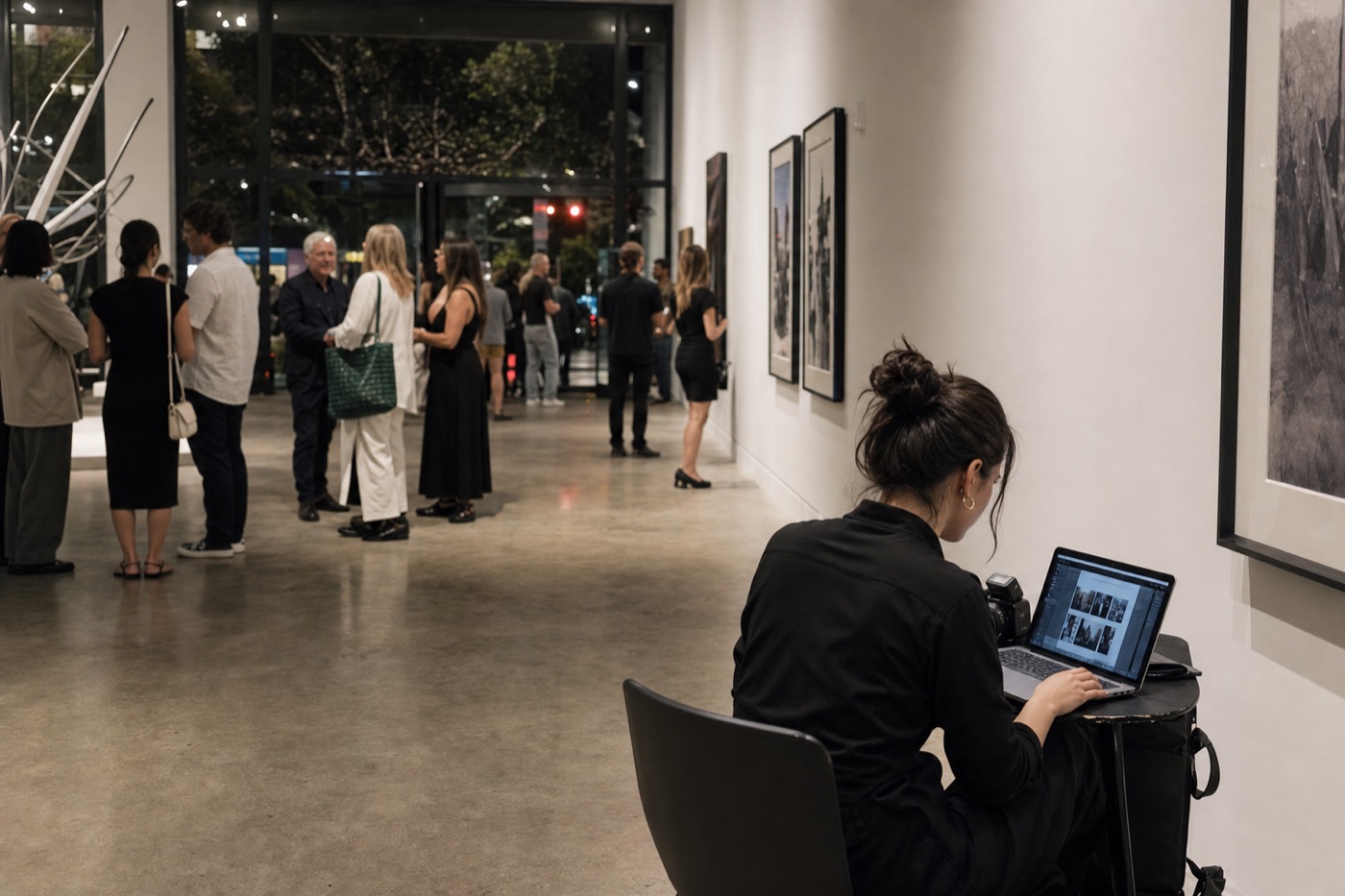 Event photographer reviewing same-night selects at a small table while a contemporary gallery opening continues behind her