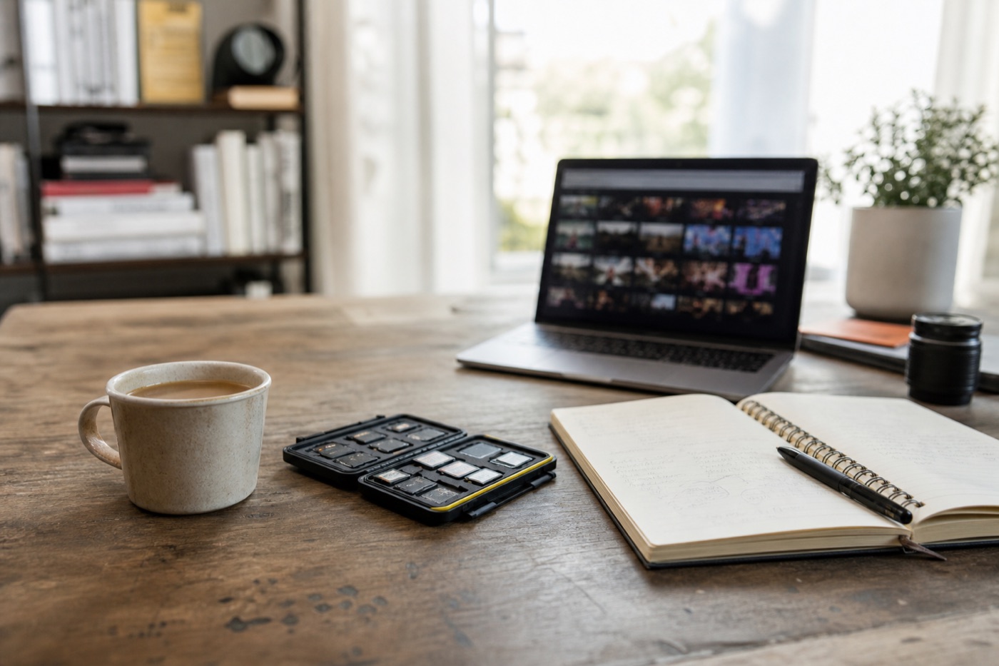 Morning event delivery desk with coffee, memory cards, notebook, and a blurred photo gallery on a laptop