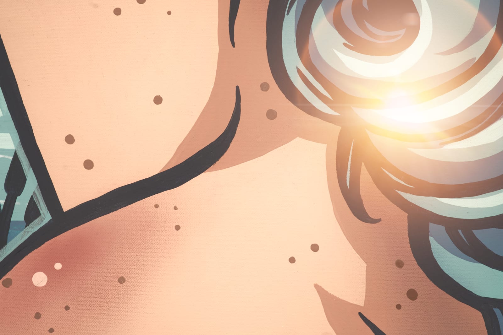 A close-up illustration of a face in profile with a bright lens-flare glow through wavy hair.