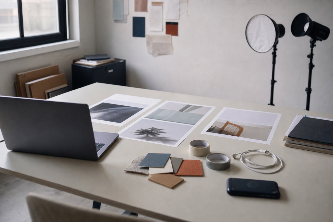 Contemporary creative workspace with image prints, material samples, a laptop, phone, cables, and small lights