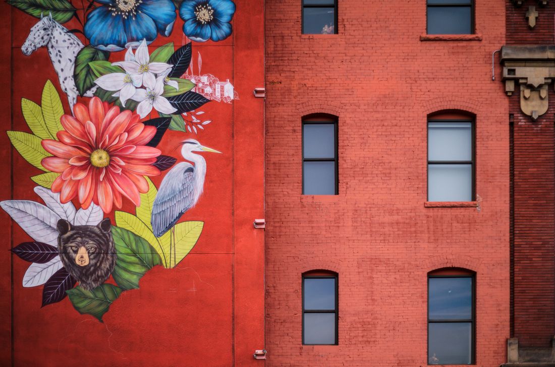 A large painted mural of flowers and a heron covering the side of a red brick building
