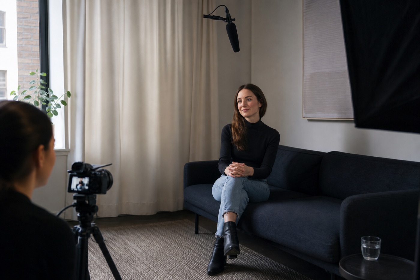 Compact video interview setup with a seated subject, nearby microphone, camera, curtain, rug, and soft light in a small room
