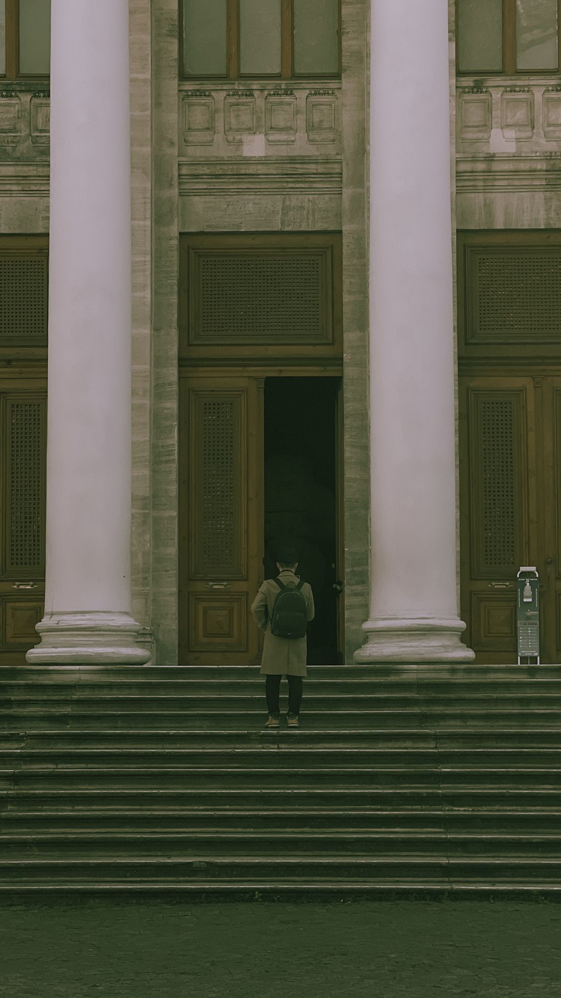 A person with a backpack walking up stone steps toward a grand columned building entrance