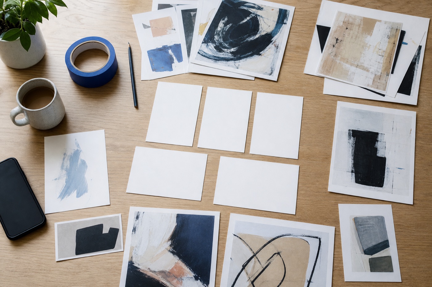 Overhead artist content planning table with blank cards, artwork thumbnails, tape, pencil, coffee, and a phone placed face down