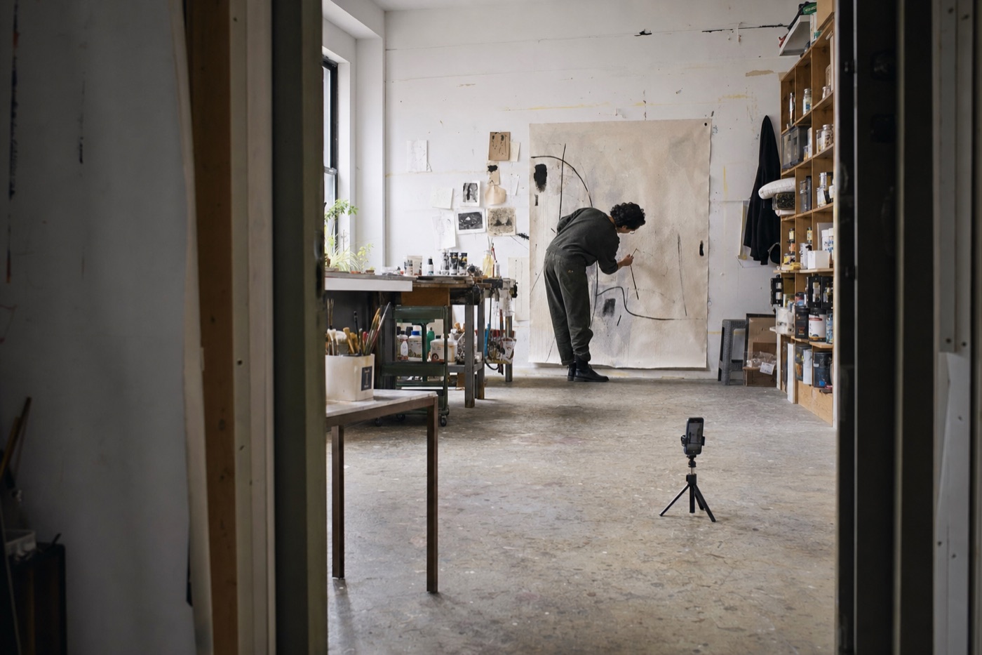 Artist working on a large piece in a contemporary studio while a small phone tripod records quietly from across the room