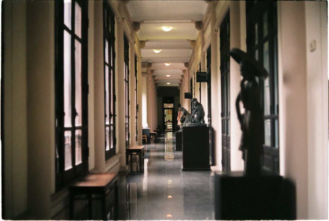 A quiet, softly lit gallery corridor lined with sculptures displayed on pedestals