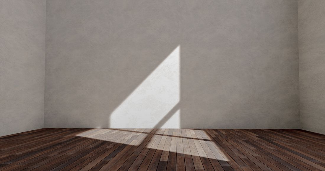 An empty room with a plain wood floor and bare plaster walls, a triangle of window light crossing the floorboards.