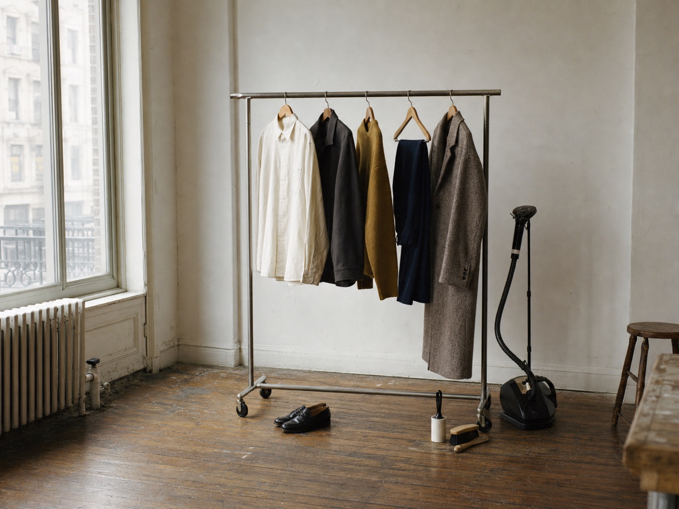 Concept image of a quiet studio garment rack prepared for a creative photoshoot