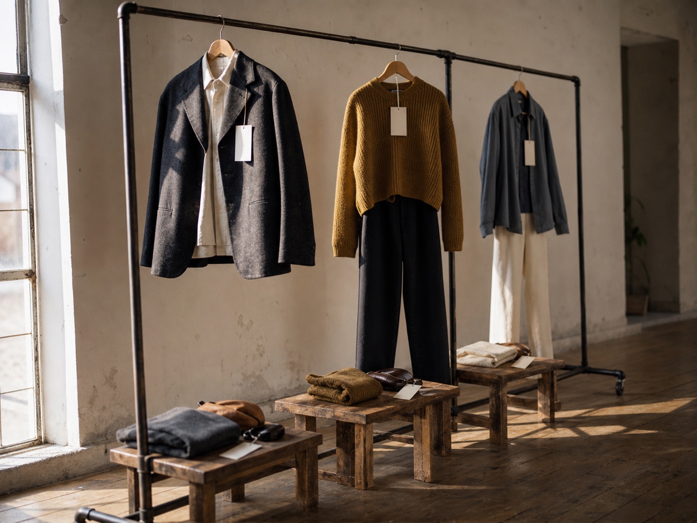 Concept image of three coordinated wardrobe options arranged on a studio rack