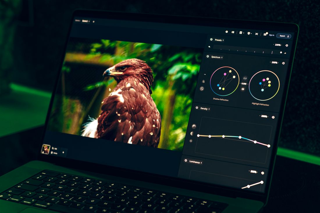 A laptop screen displaying photo editing software with color-correction wheels open beside an image