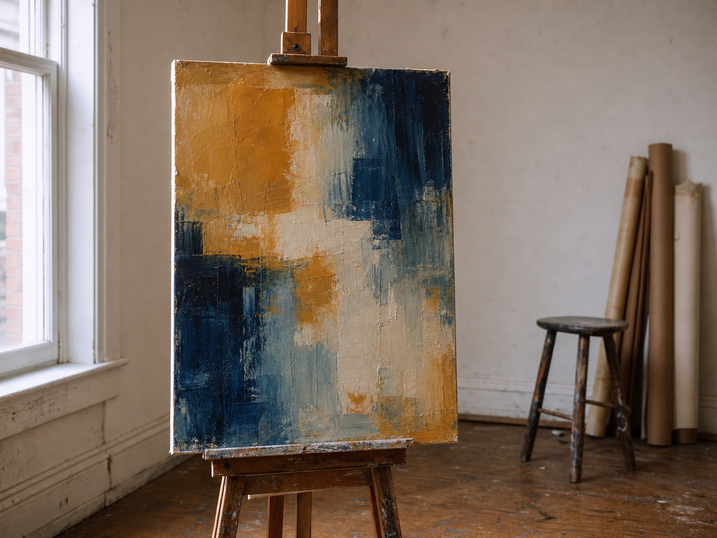 Abstract painting on an easel in a quiet studio with rolled paper and a paint-flecked stool nearby