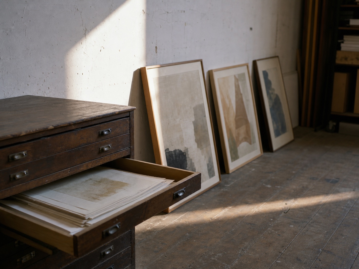 Framed artworks leaning beside an open flat-file drawer with paper stacked inside