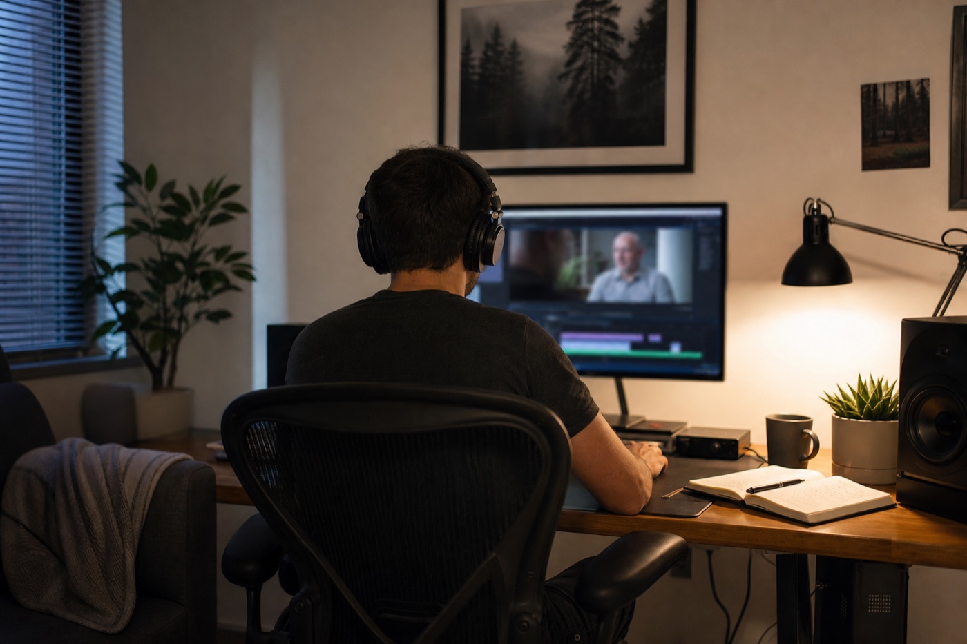 Editor working on a short interview film in a modest room with the screen kept blurred and unreadable