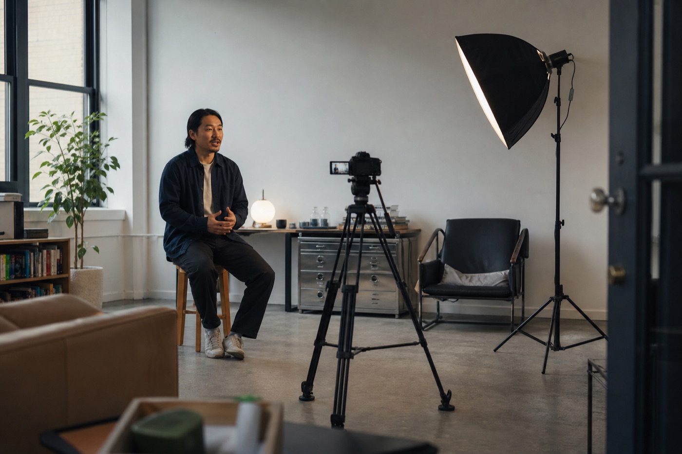 Simple brand film interview setup with one seated founder, one camera, and one soft light in a contemporary creative studio