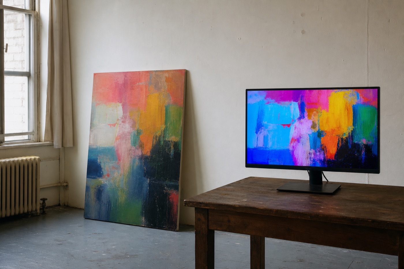 Physical abstract painting beside a monitor showing the same image with exaggerated color and crushed dark tones