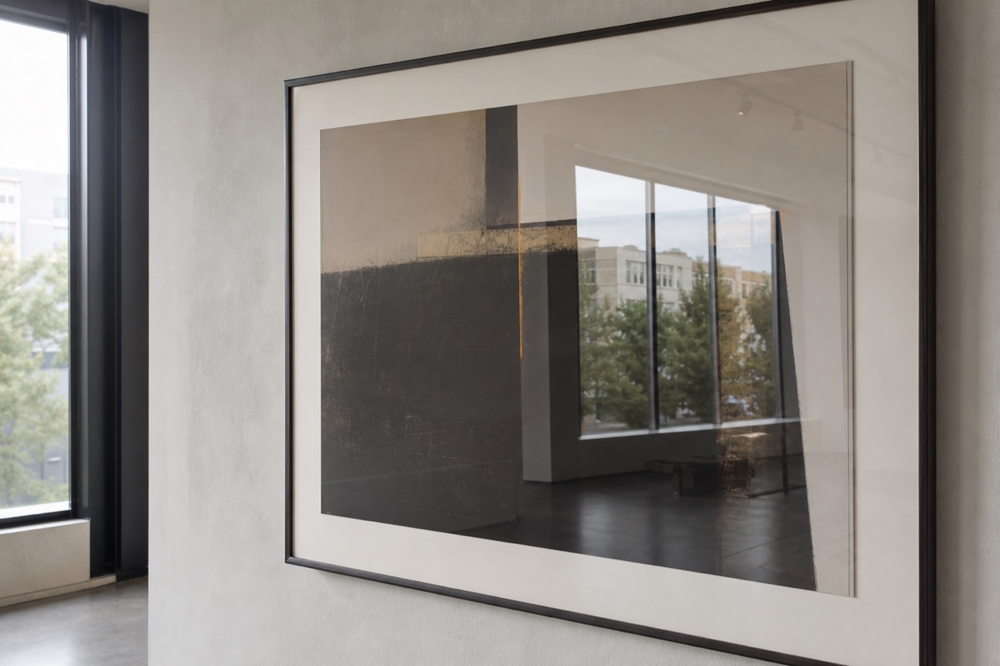 Close oblique view of framed abstract artwork reflecting a large studio window across its glass