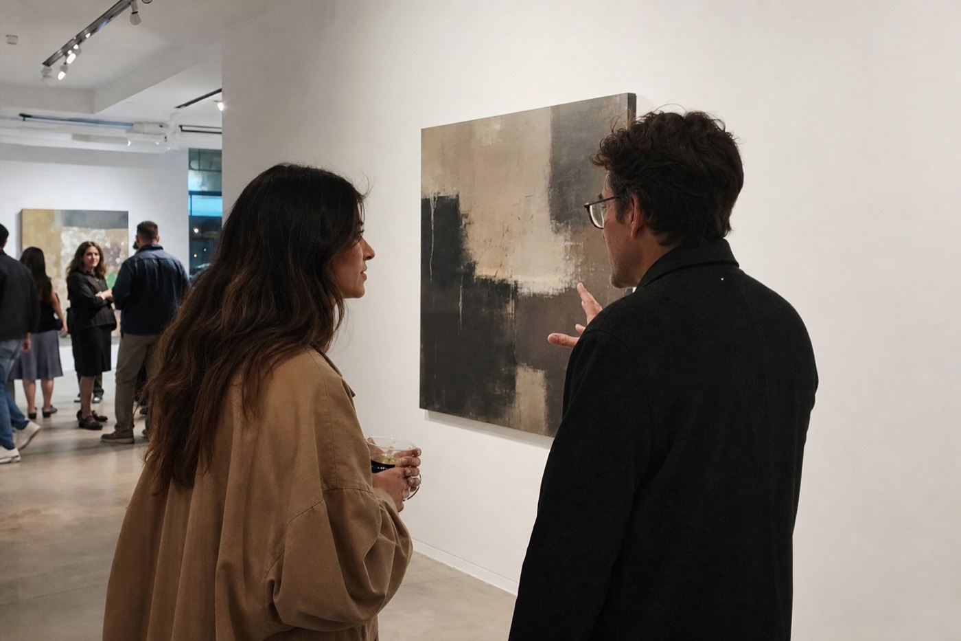 Two gallery guests discussing an artwork during a contemporary opening