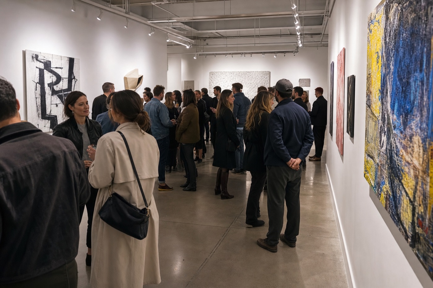 Gallery opening artwork detail and guests sharing a contemporary exhibition room