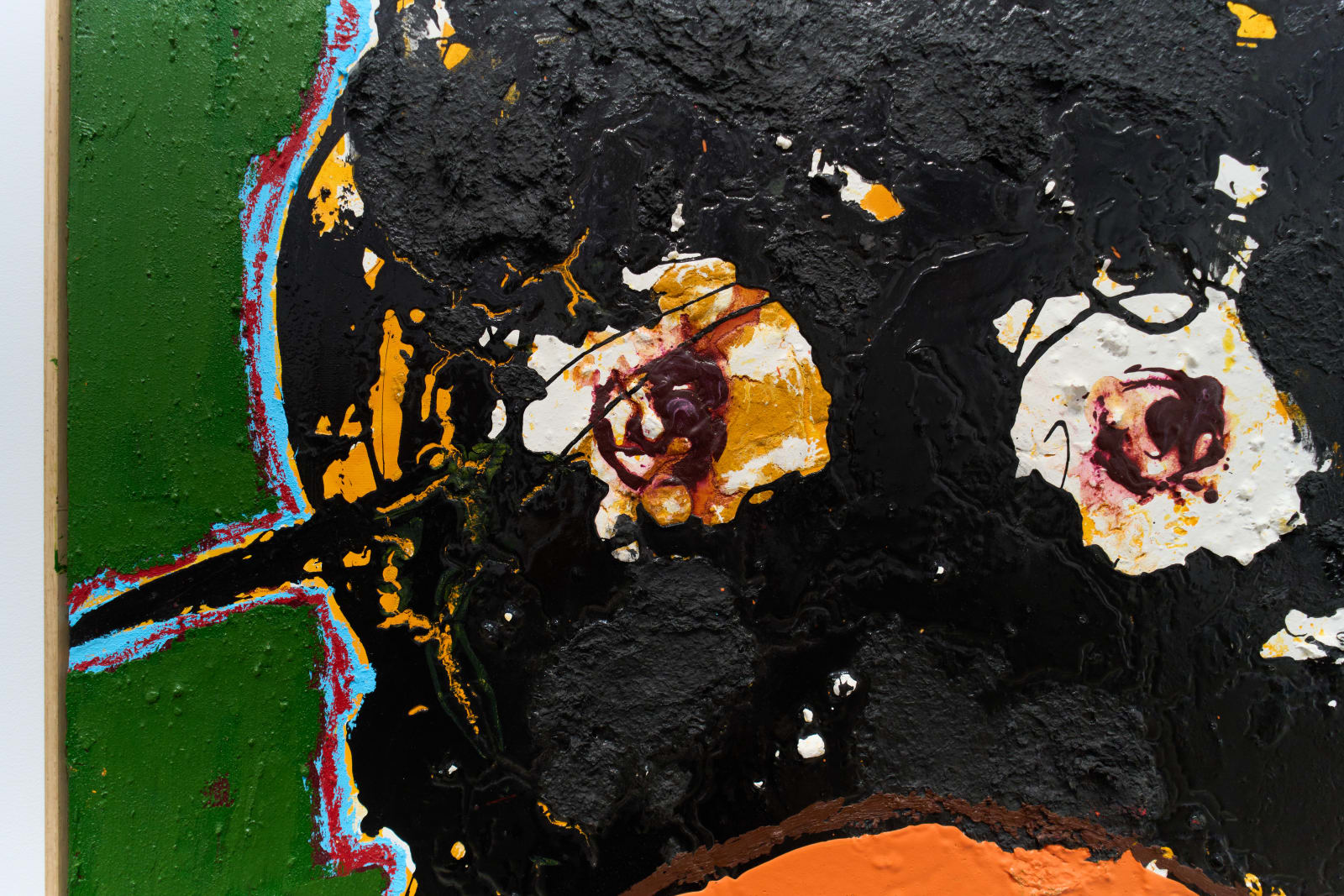 Close-up detail of a textured abstract painting in orange, white, and maroon, the kind of fine surface texture a documentation capture has to resolve.