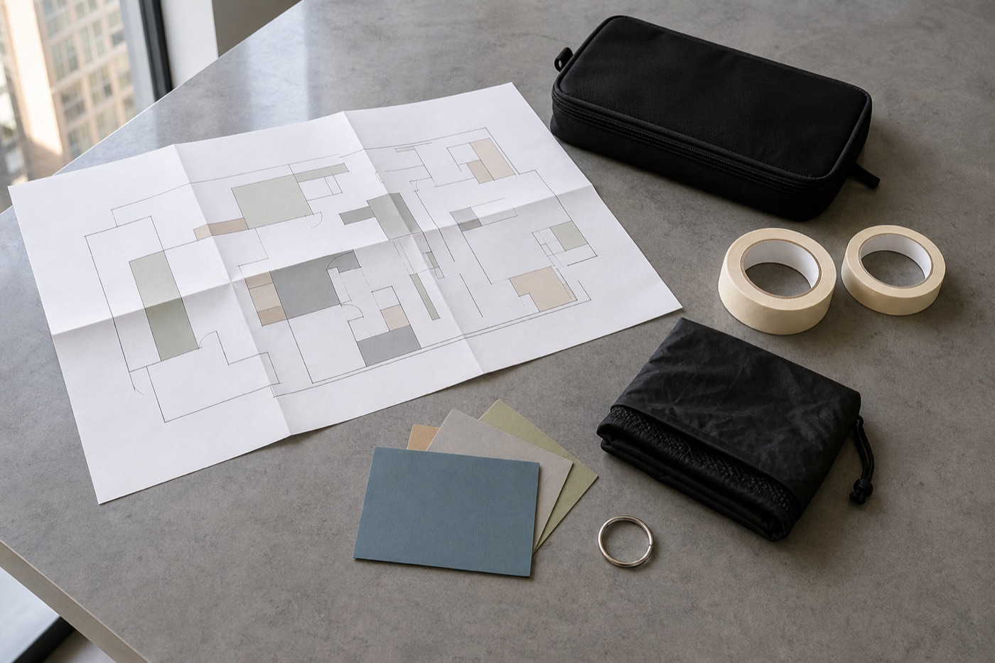 Abstract production floor plan, tape, fabric cover, pouches, color cards, and a key ring arranged on a gray table