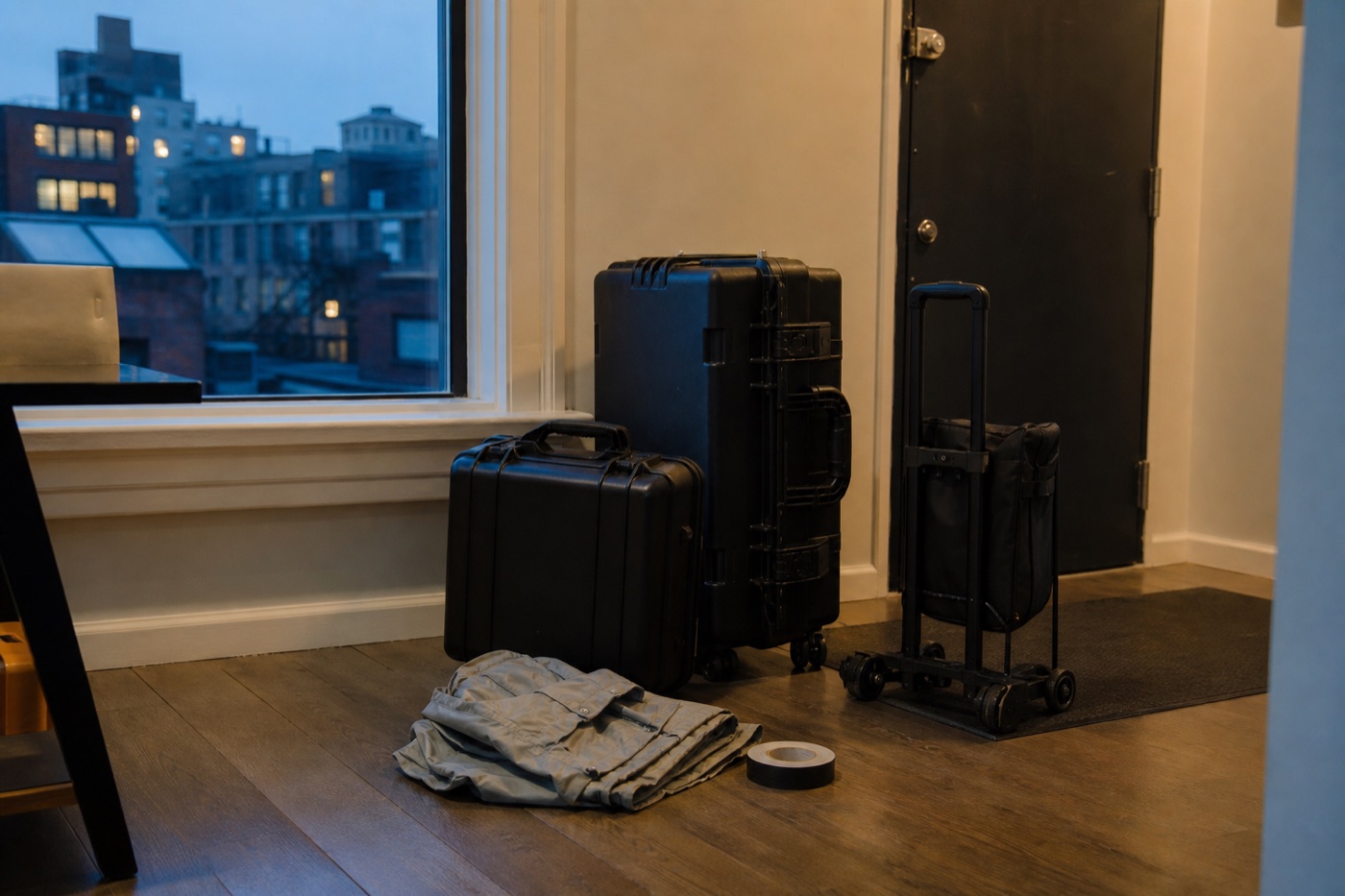 Closed black production cases, folded rain cover, tape, and a small cart grouped near a door at blue hour
