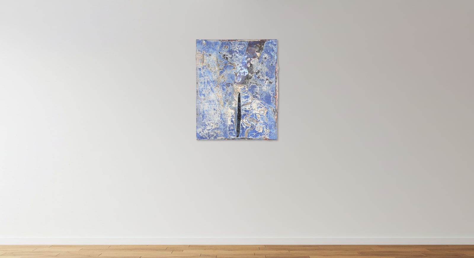 A mockup rendering of a cracked blue abstract painting shown hung on a grey wall, illustrating how a single piece looks once it is live on a site.