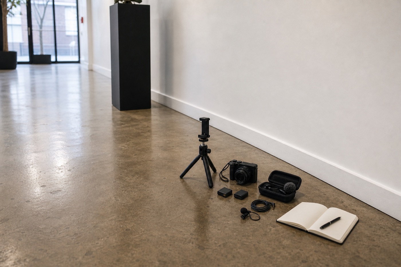 Concept image of a compact camera kit, phone tripod, microphone pouch, notebook, batteries, and cable staged from a distance near a blank gallery wall